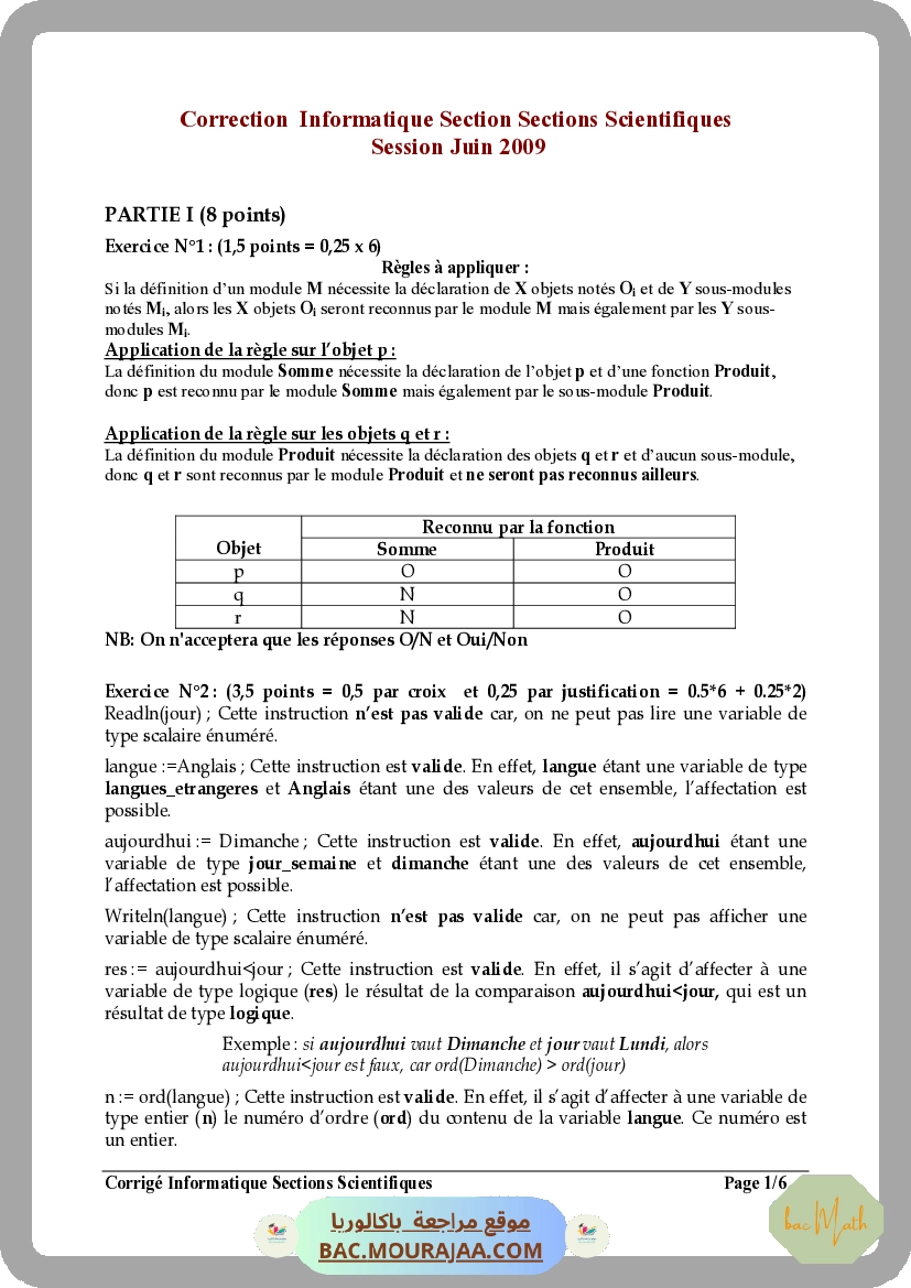 Corrigé principale info Bac 2009 – Section math